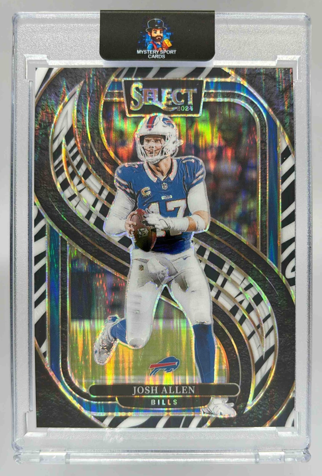 Card image for 2024 Panini Select Josh Allen Concourse Zebra Prizm Shock #34 Bills