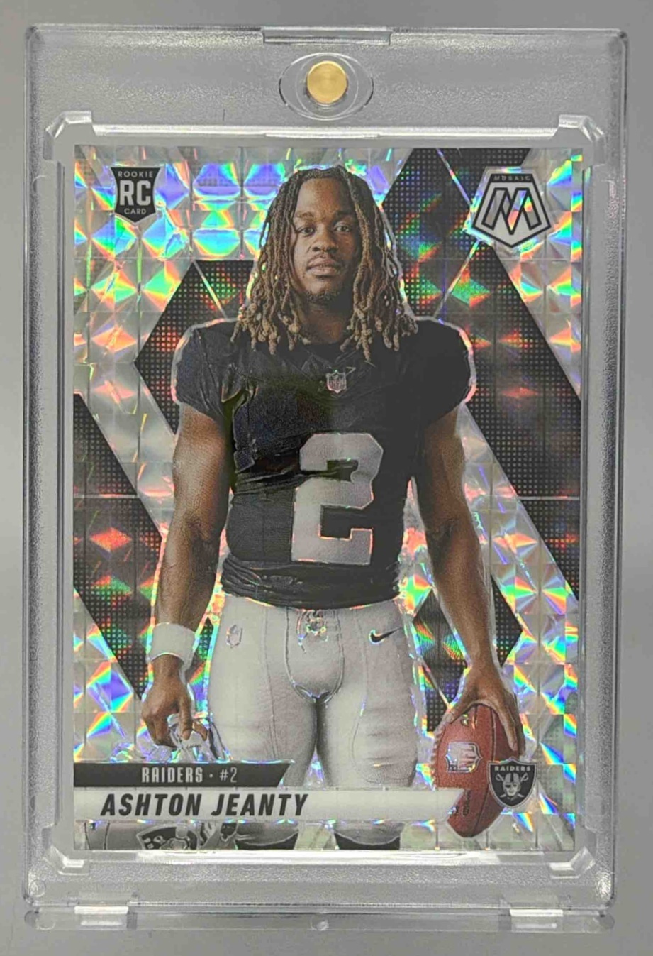 Card image for 2025 Panini Mosaic Ashton Jeanty Rookie Variation Mosaic Prizm #287 RC Raiders