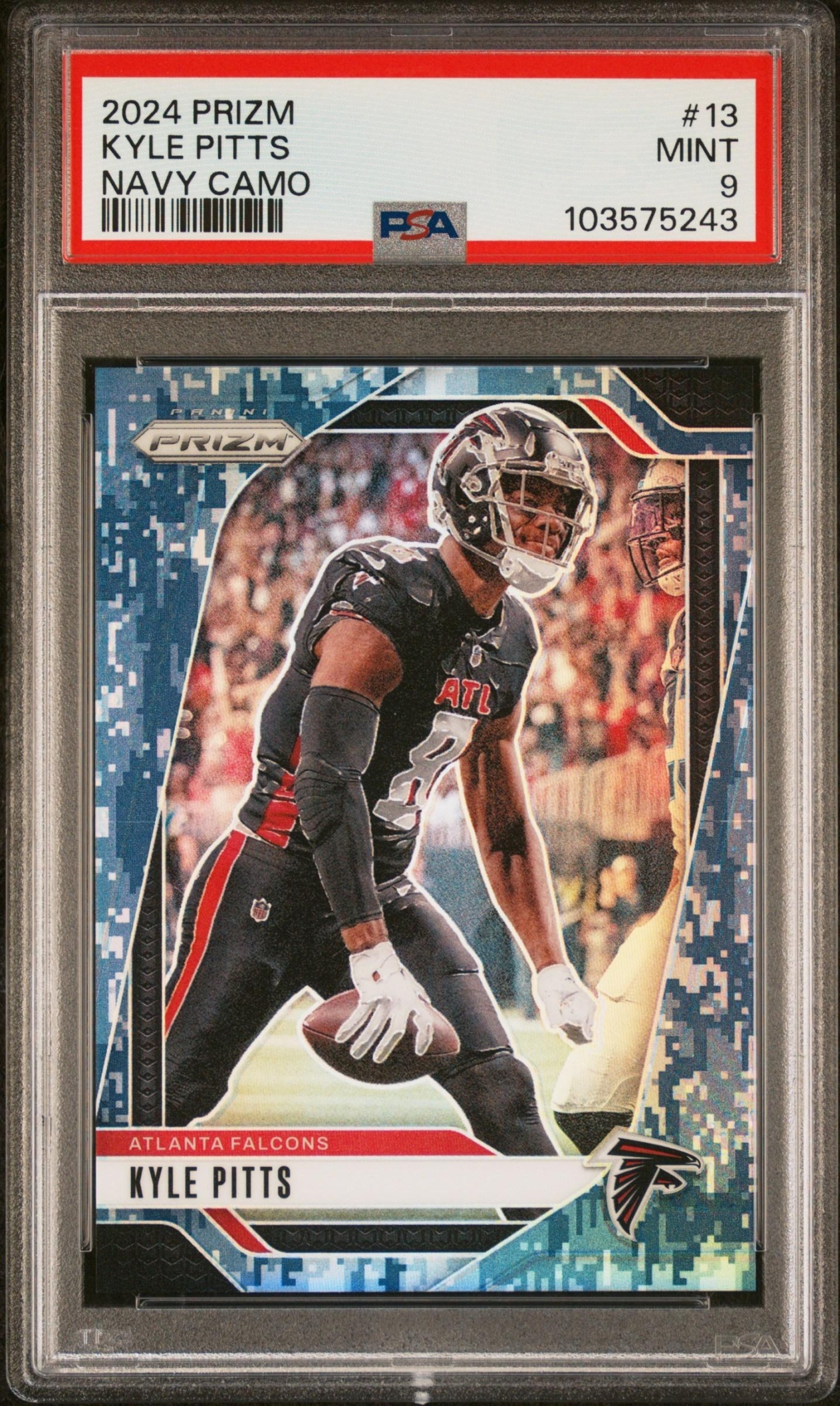 Card image for 2024 Panini Football Prizm Kyle Pitts Navy Camo /25 #13 Atlanta Falcons