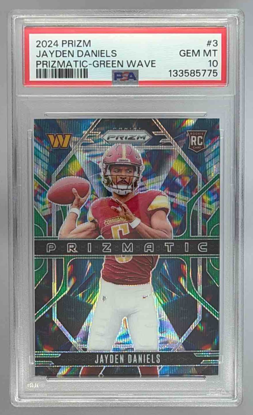 Card image for 2024 Panini Prizm Jayden Daniels Prizmatic Green Wave #3 RC Commanders