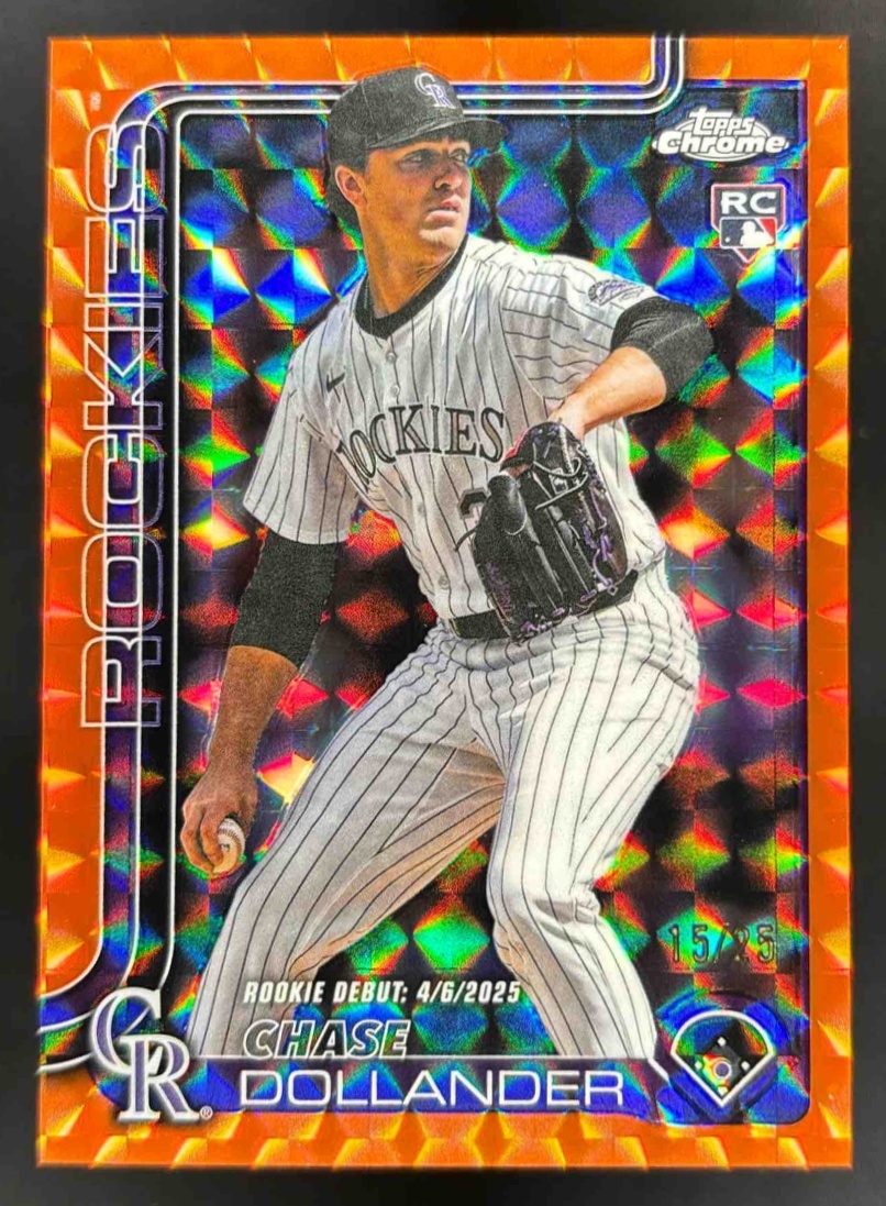 Card image for 2025 Topps Chrome Update Chase Dollander Orange Geometric Refractor /25 RC