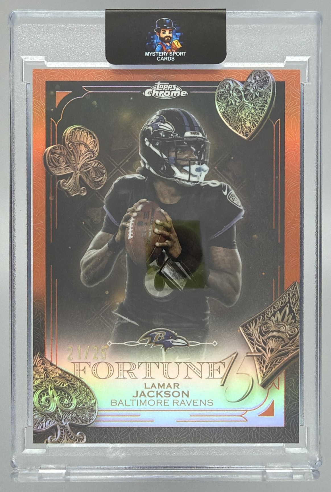 Card image for 2025 Topps Chrome Lamar Jackson Fortune 15 Orange Refractor /25 #F15-1 Ravens