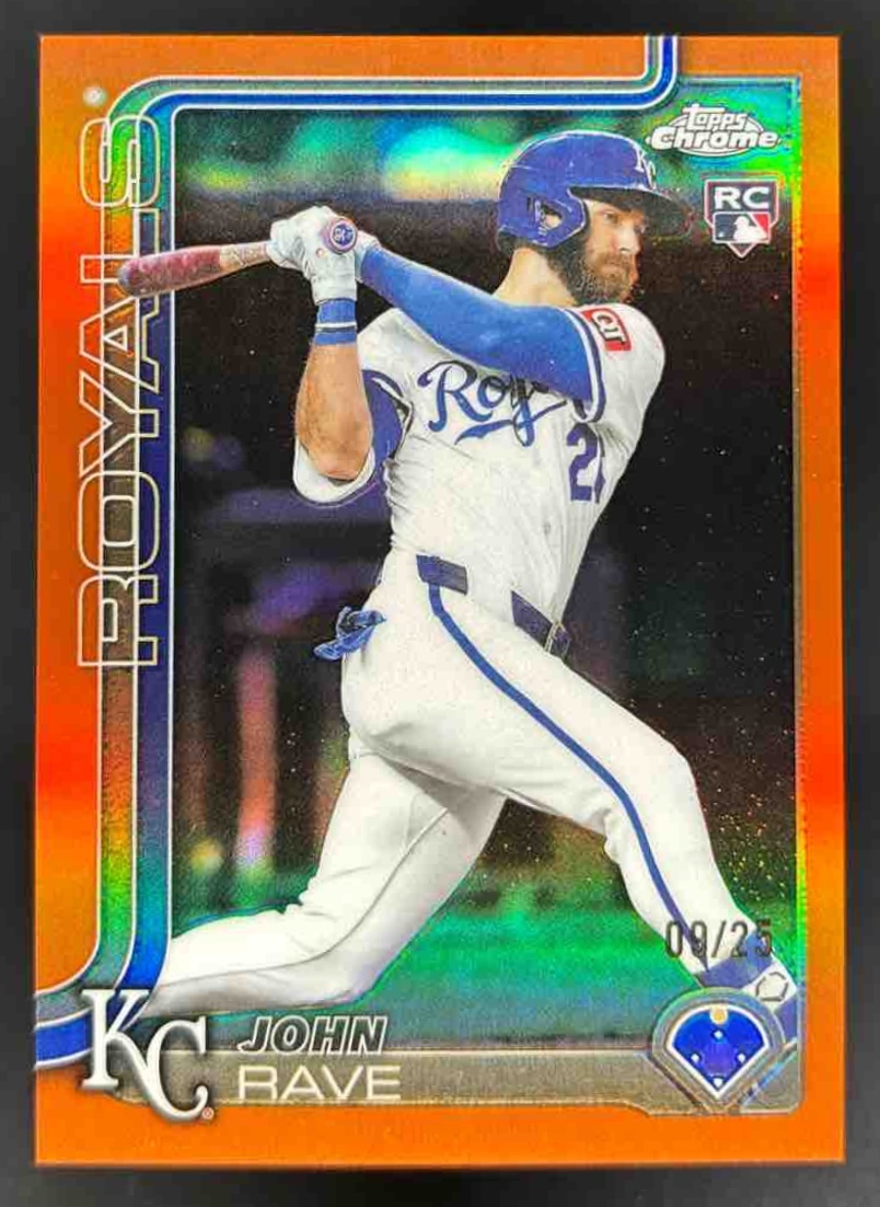 Card image for 2025 Topps Chrome Update John Rave Orange Refractor /25 #USC136 RC Royals