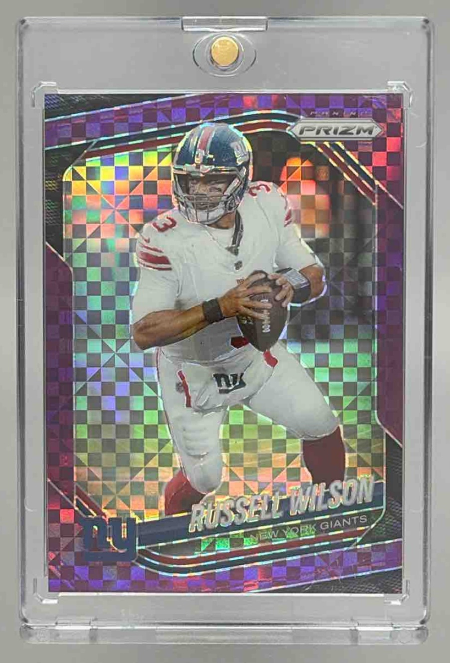 Card image for 2025 Panini Football Prizm Russell Wilson No Huddle Red /99 #202 New York Giants
