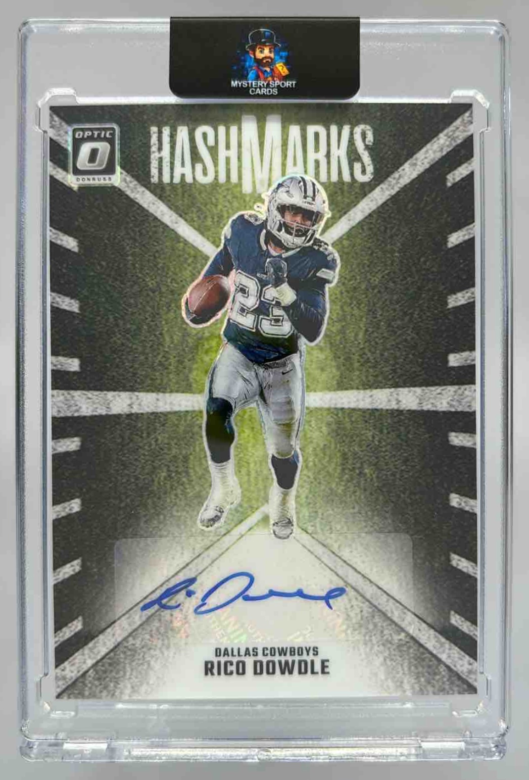 Card image for 2024 Panini Donruss Optic Rico Dowdle Hash Marks #HM-RDE Auto Cowboys