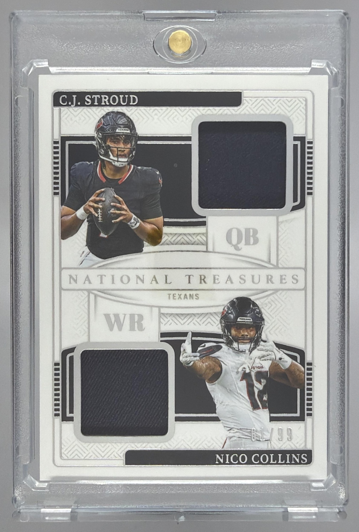Card image for 2025 Panini National Treasures C.J. Stroud Nico Collins NFL Gear Combo Materials /99 #GCM-SC MEM Texans