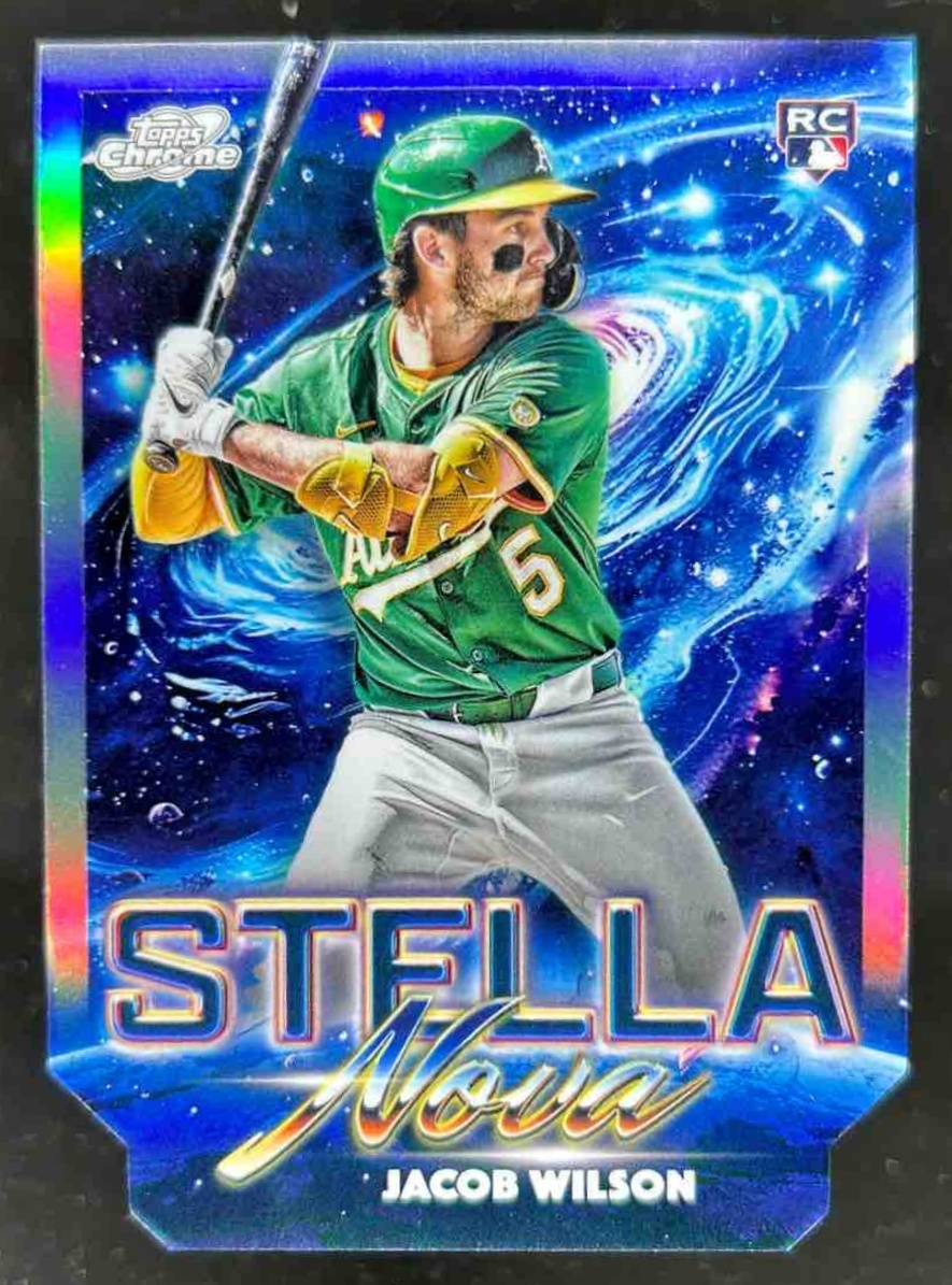 Card image for Jacob Wilson 2025 Topps Baseball Cosmic Chrome Stella Nova RC Athletics