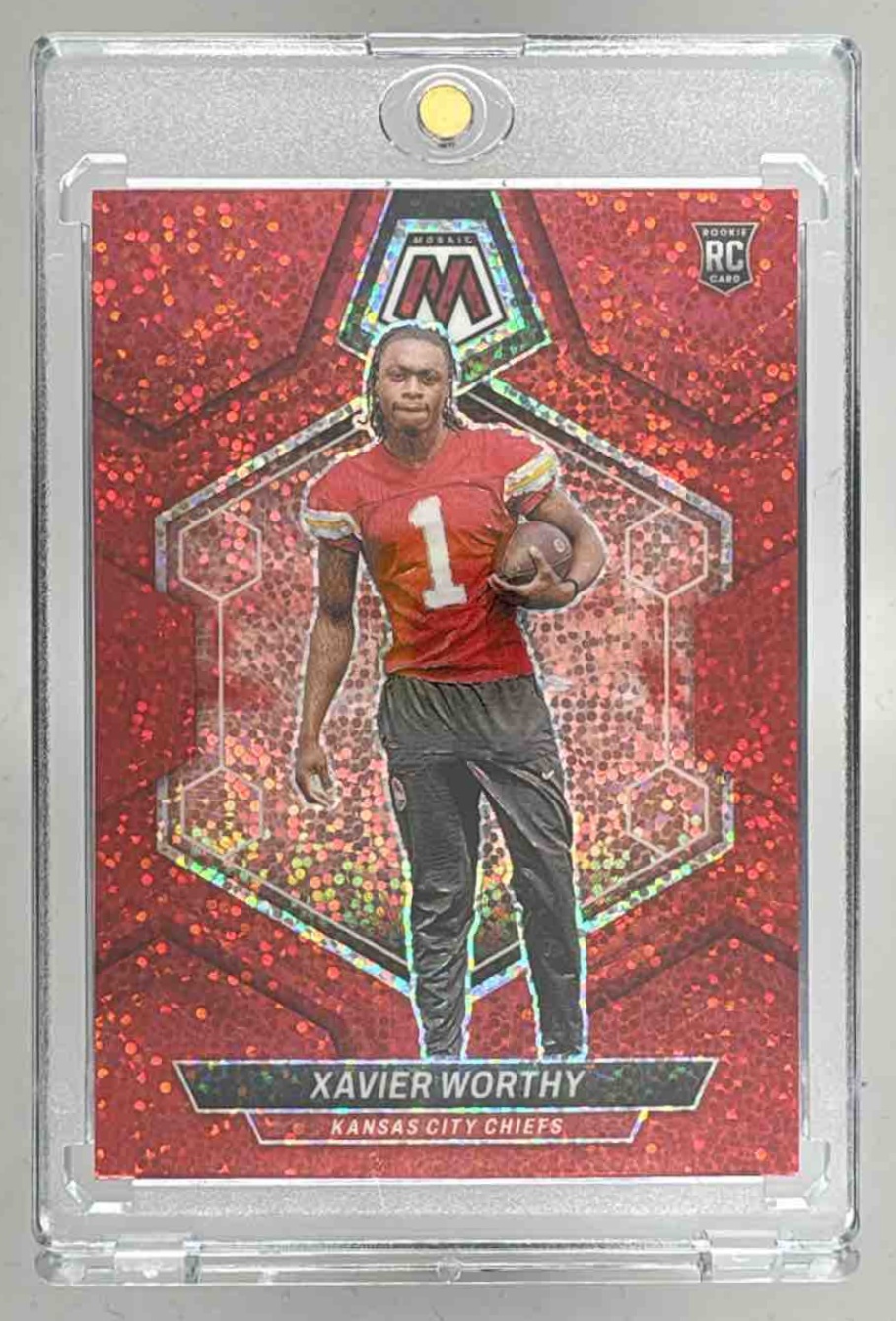 Card image for 2024 Panini Mosaic Xavier Worthy Red Sparkle Prizm #328 RC Chiefs
