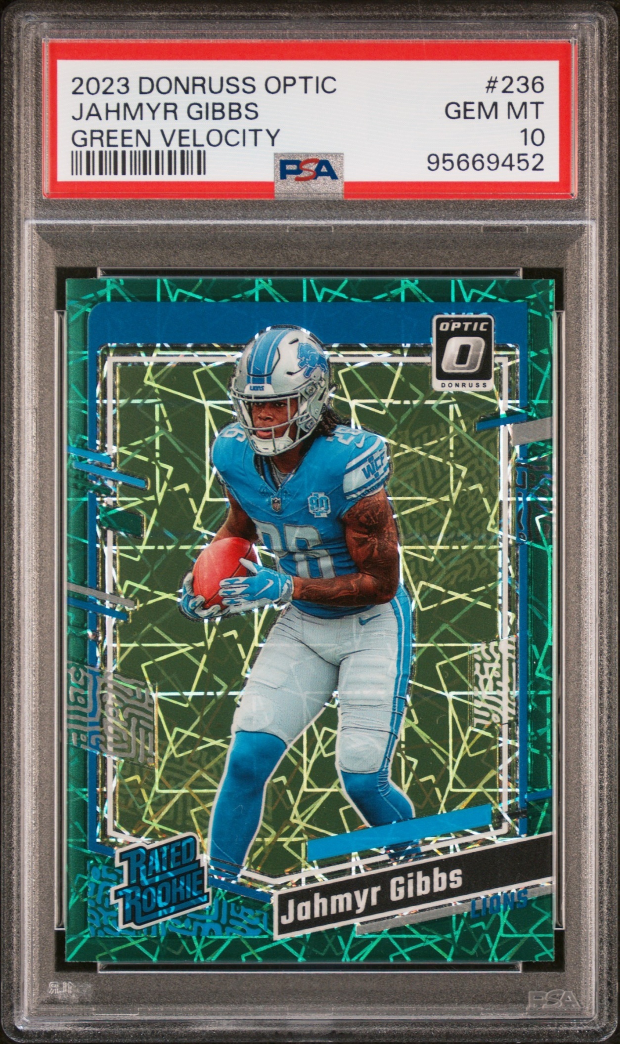 Card image for 2023 Panini Donruss Optic Jahmyr Gibbs Green Velocity Prizm #236 RC Rated Rookie Lions PSA 10