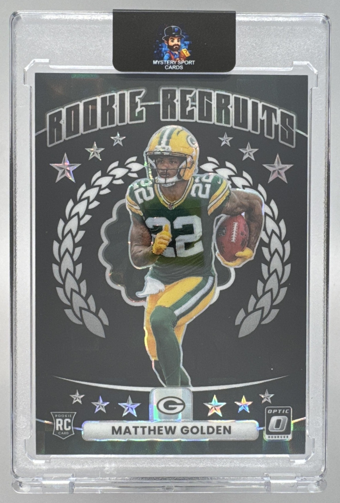 Card image for 2025 Panini Donruss Optic Matthew Golden Rookie Recruits Black Pandora Prizm /149 #8 RC Packers