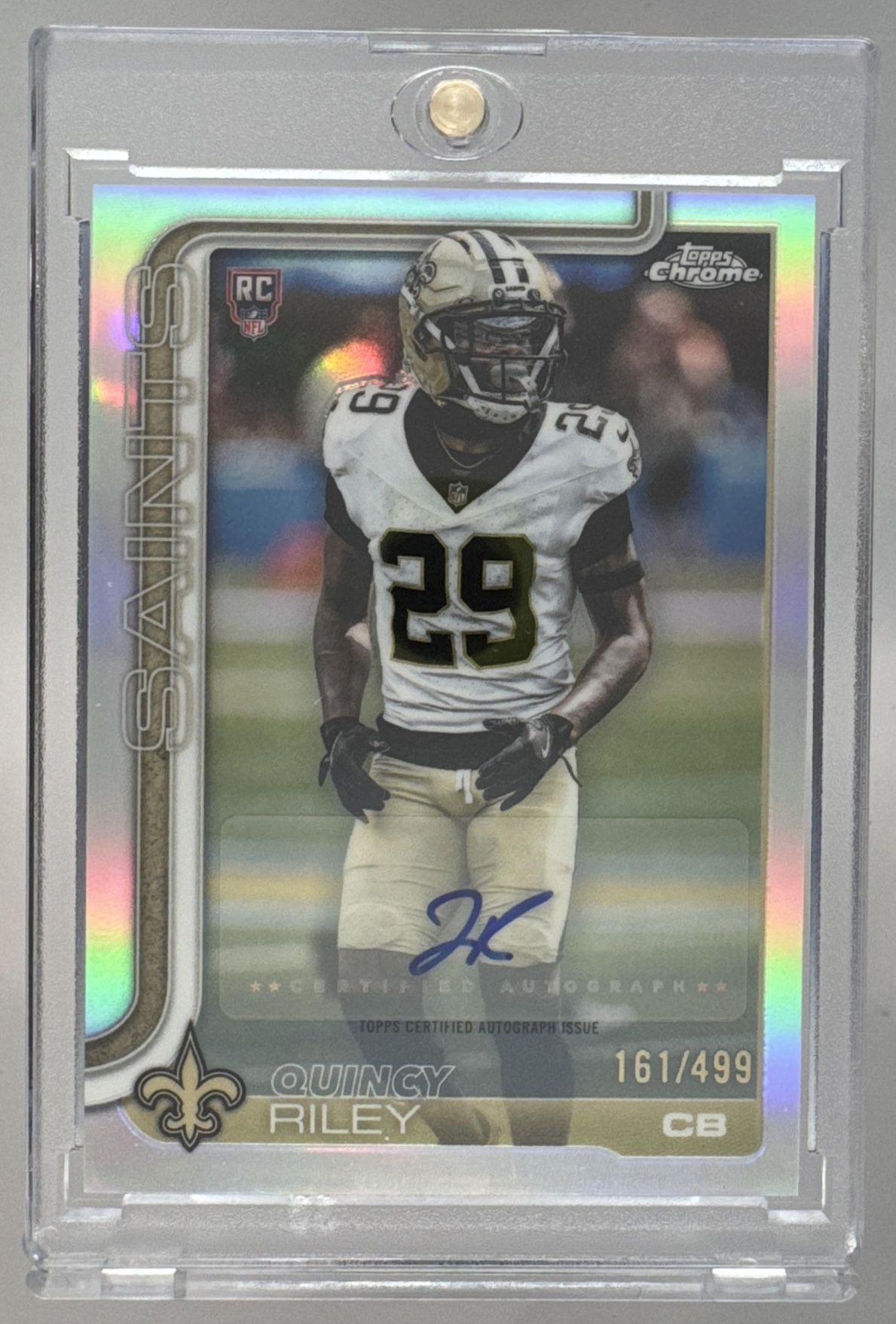 Card image for 2025 Topps Chrome Quincy Riley Rookie Auto Refractor /499 #RA-QR RC Saints