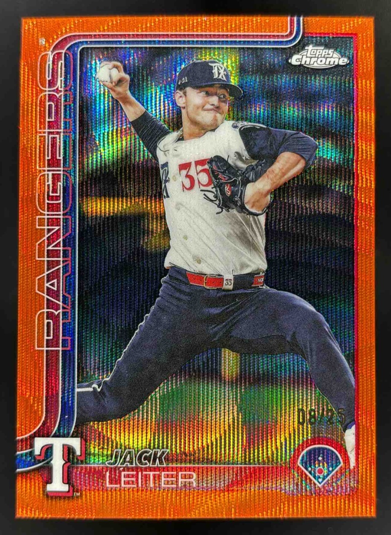 Card image for 2025 Topps Chrome Update Jack Leiter Orange Wave Refractor /25 #USC42 Rangers