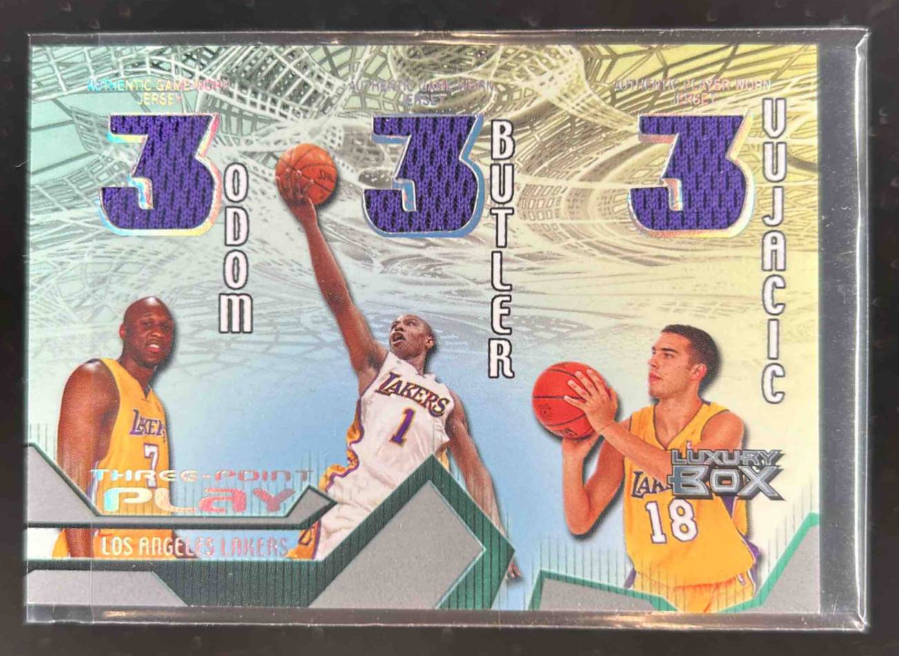 Card image for 2004-05 Topps Luxury Box Lamar Odom / Caron Butler Sasha Vujacic MEM, Three Point Play Relics /450 #TPP-OBV