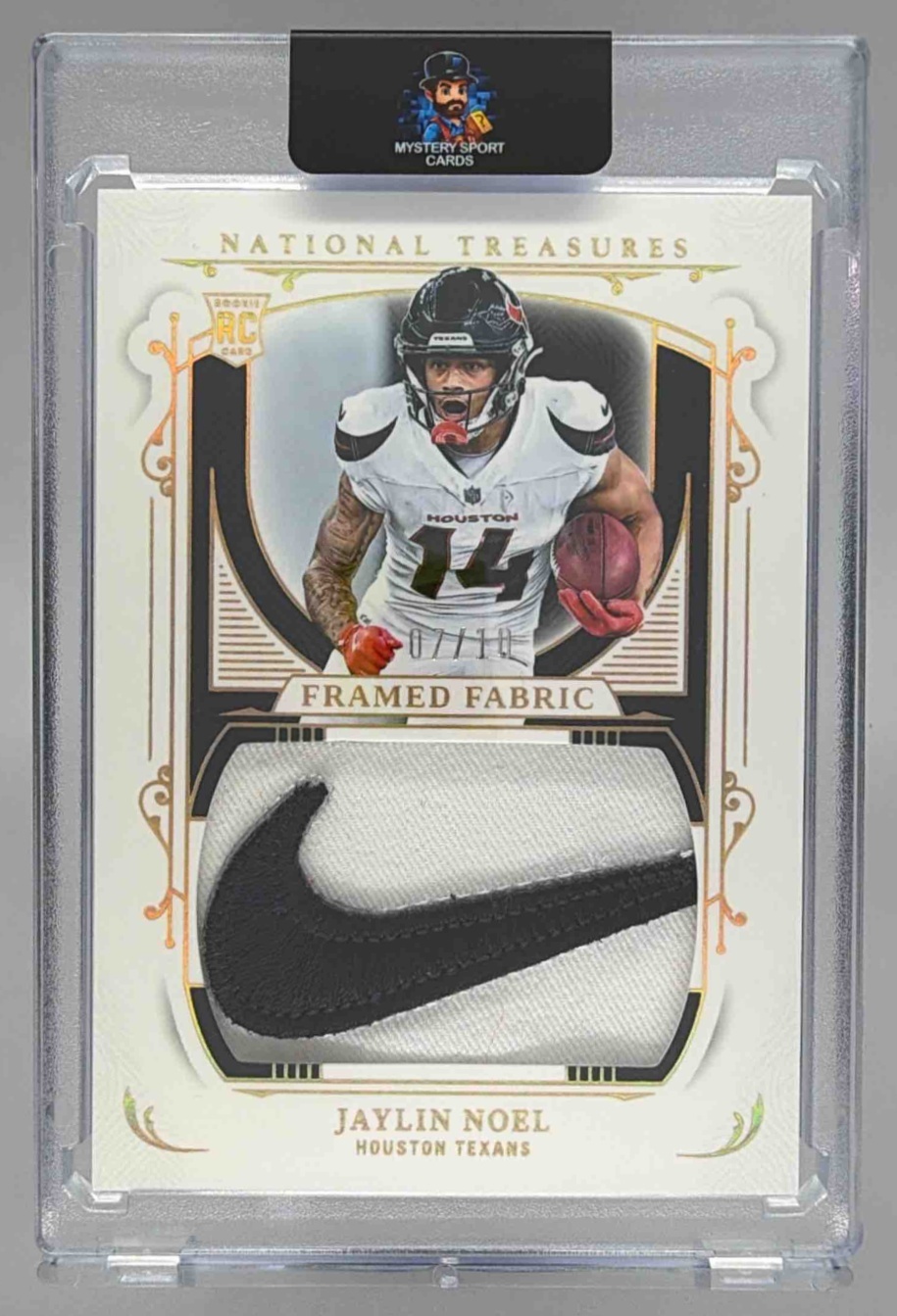 Card image for 2025 Panini National Treasures Jaylin Noel Framed Fabric Holo Gold /10 #FF-JNL Texans