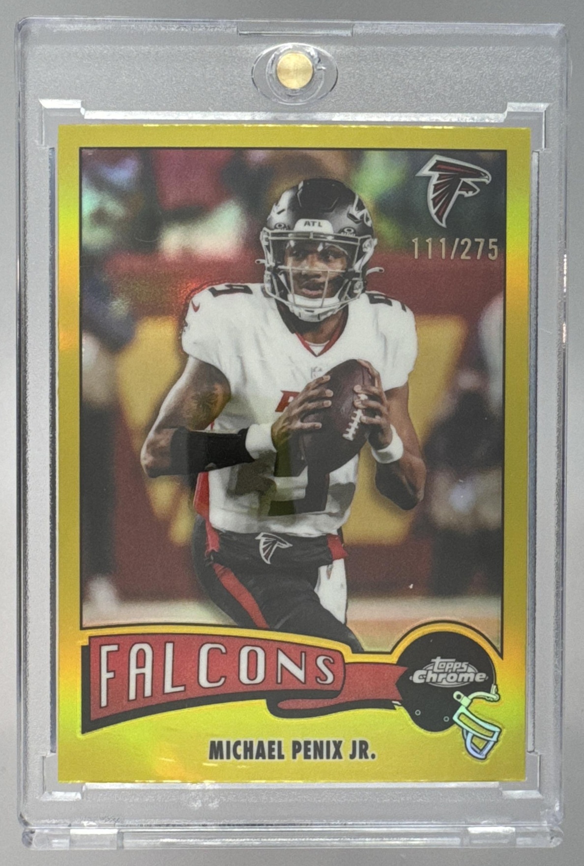 Card image for 2025 Topps Chrome Michael Penix Jr. 1975 Yellow Refractor /275 #1975-2 Falcons
