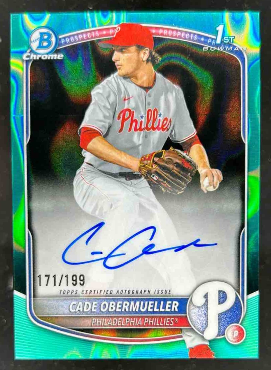 Card image for Cade Obermueller 2025 Bowman Draft Chrome Prospect Auto Aqua Lava Refractor /199