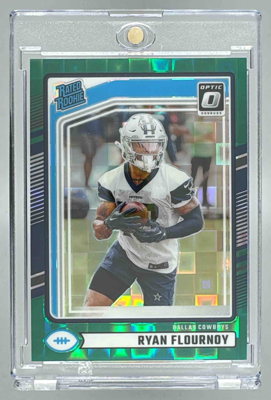 Card image for 2024 Panini Donruss Ryan Flournoy Optic Rated Rookie Preview Green Pandora /25 #356 Cowboys