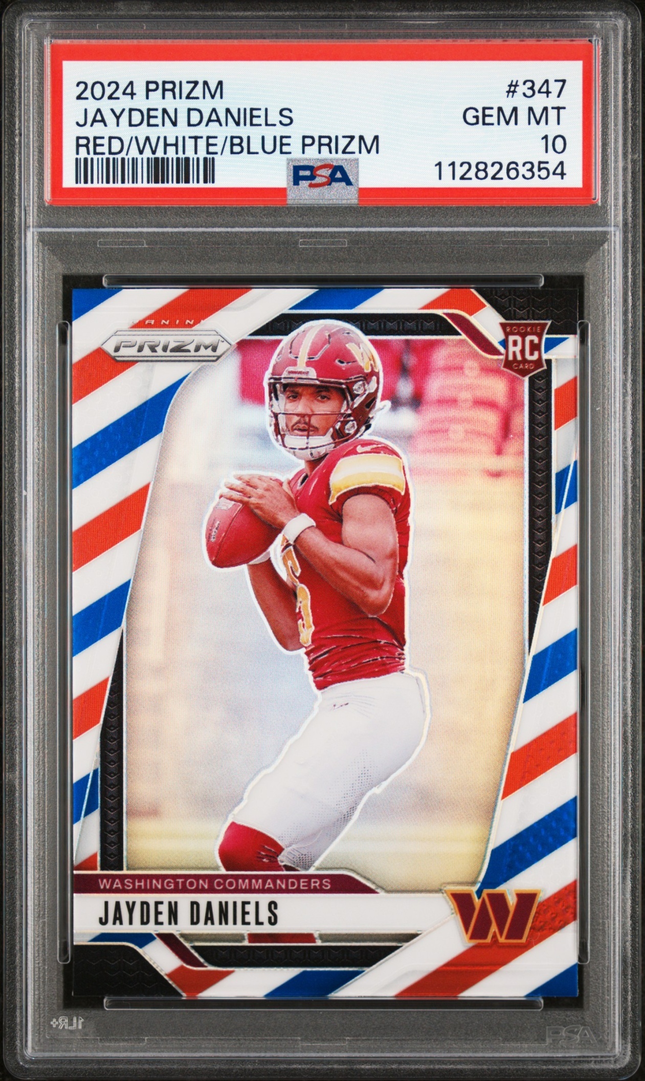 Card image for 2024 Panini Prizm Jayden Daniels Red White and Blue #347 RC Commanders