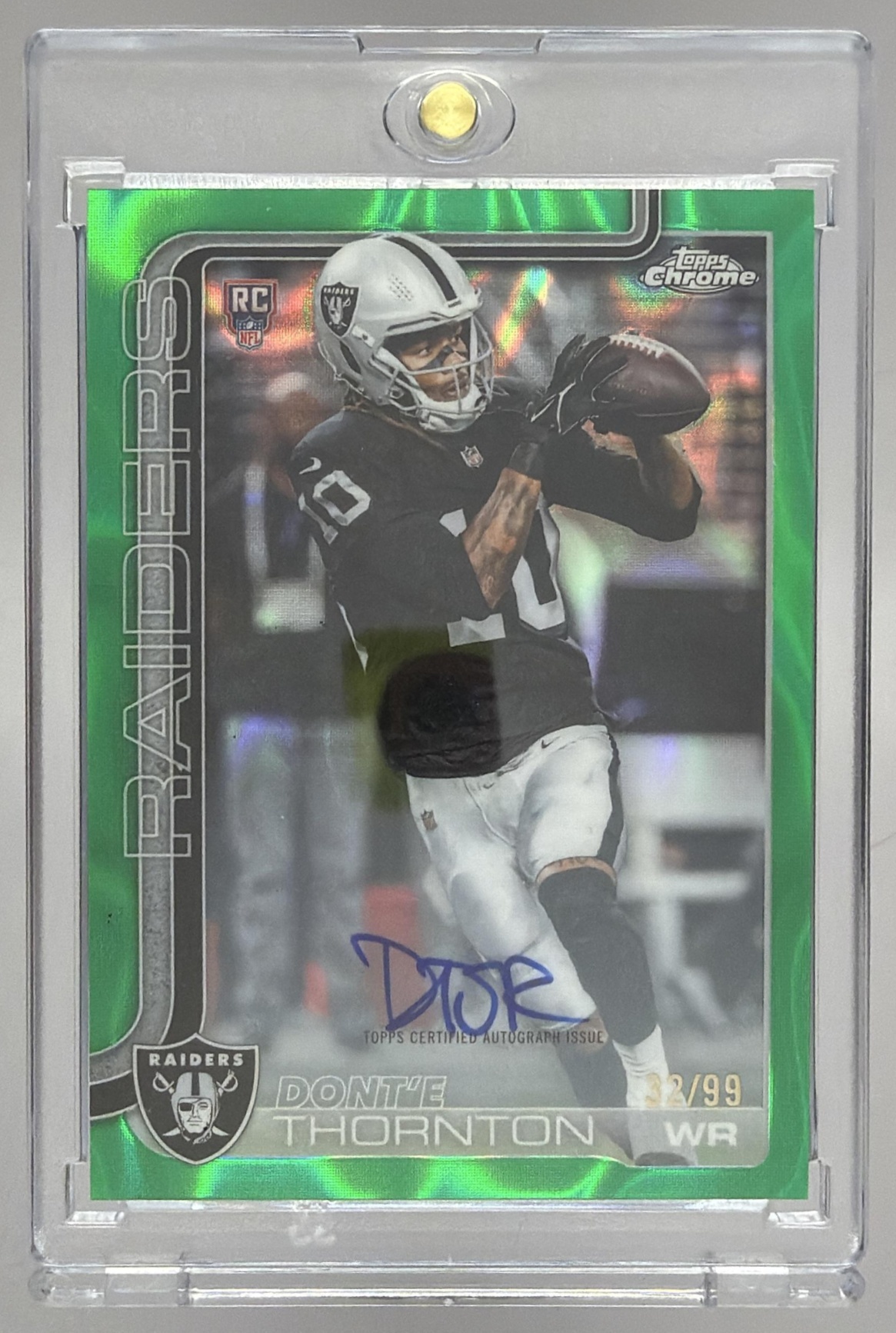 Card image for 2025 Topps Chrome Dont'e Thornton Jr. Rookie Auto Green Geometric Refractor /99 #RA-DTH RC Raiders