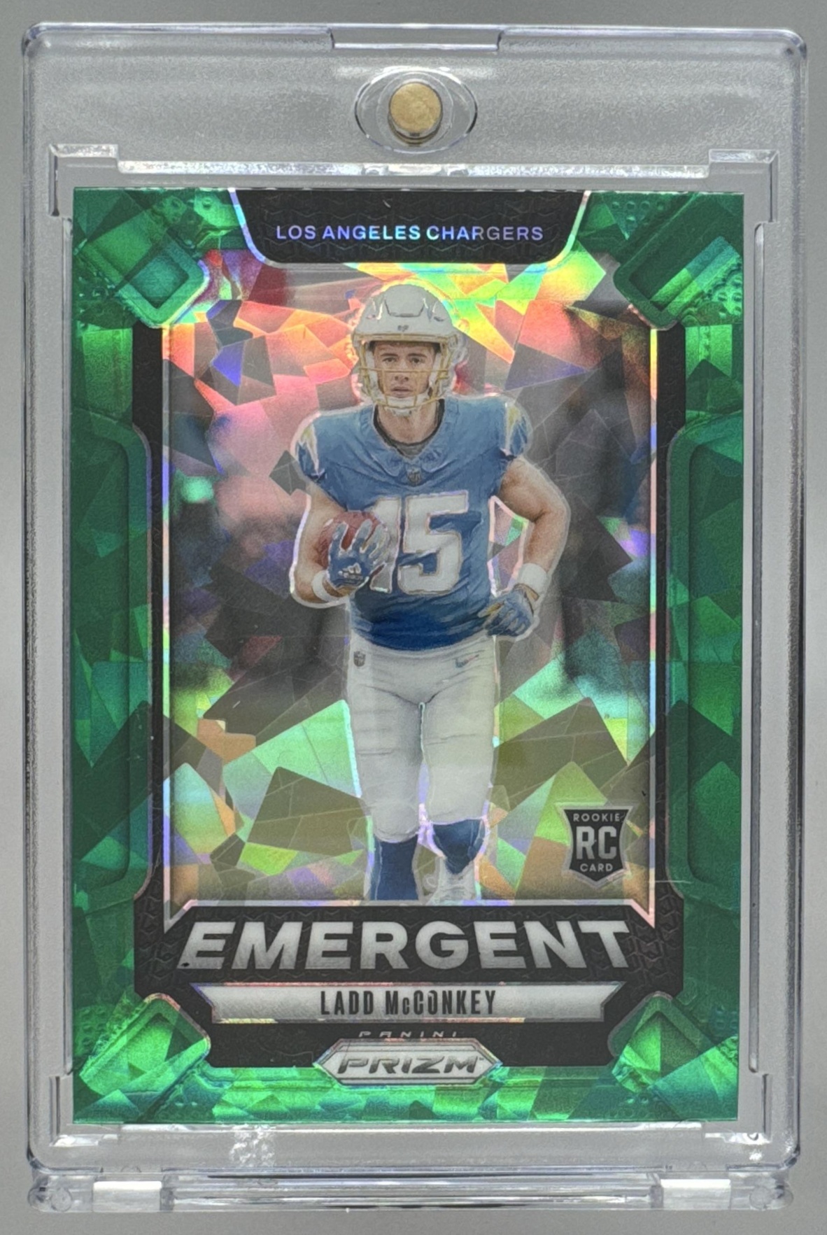 Card image for 2024 Panini Prizm Ladd McConkey Emergent Green Wave #13 RC Chargers