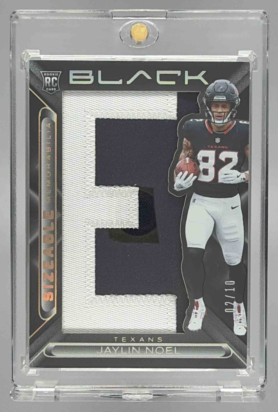 Card image for 2025 Panini Black Jaylin Noel Sizeable Rookie Memorabilia Gold /10 #SIZ-JNL MEM RC Texans