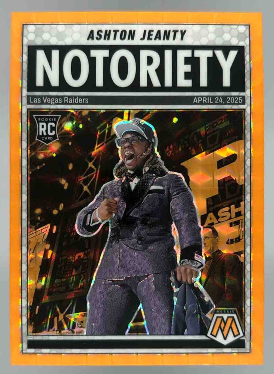 Card image for 2025 Panini Mosaic Ashton Jeanty Notoriety Orange Fluorescent Prizm #18 RC Raiders