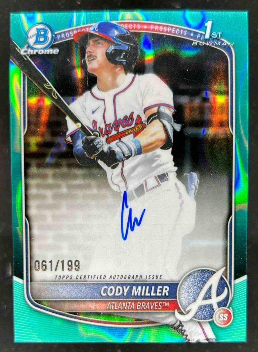 Card image for Cody Miller 2025 Bowman Draft Chrome Prospect Auto Aqua Lava Refractor /199