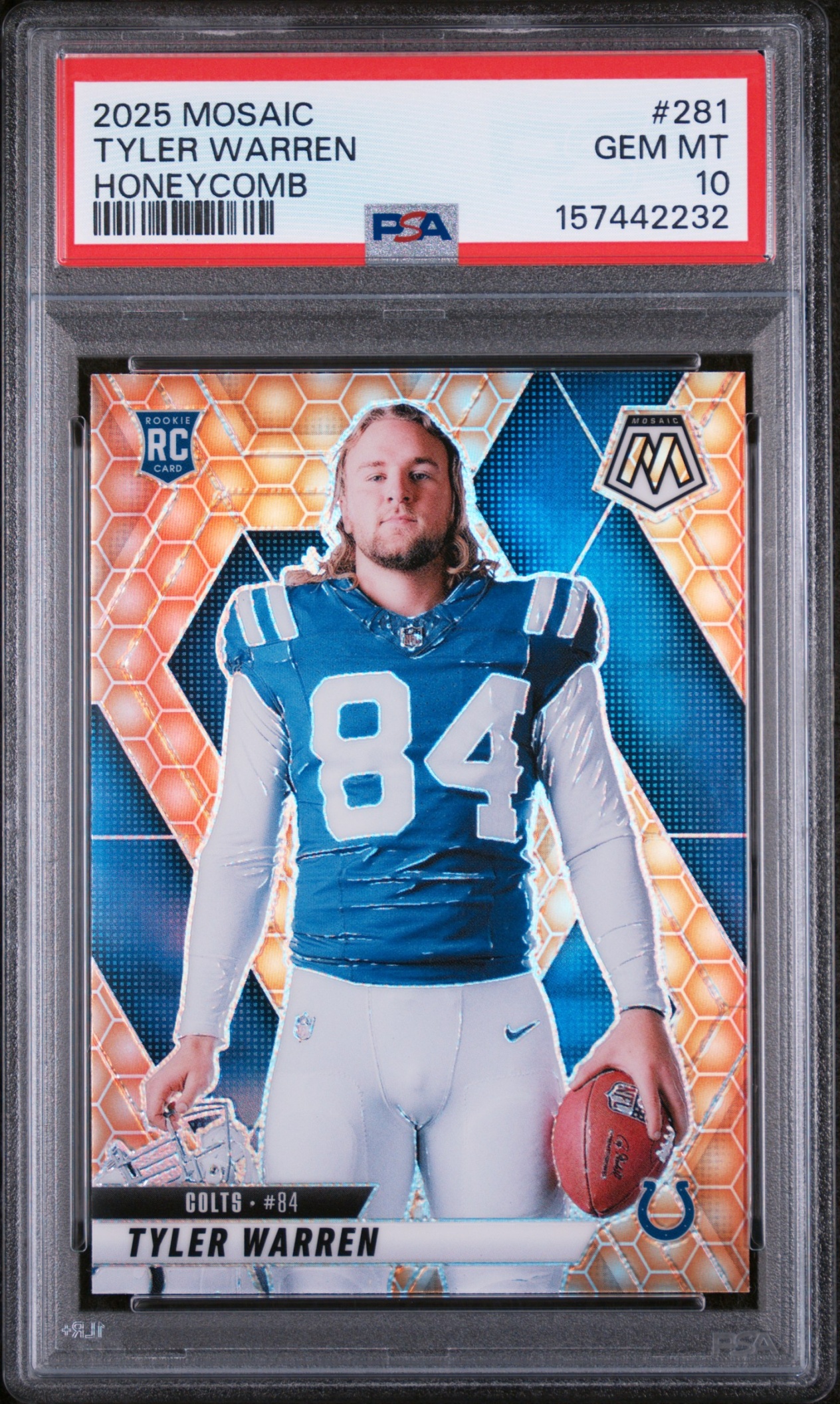 Card image for 2025 Panini Mosaic Tyler Warren Rookie Variation Honeycomb Prizm #281 RC Colts PSA 10