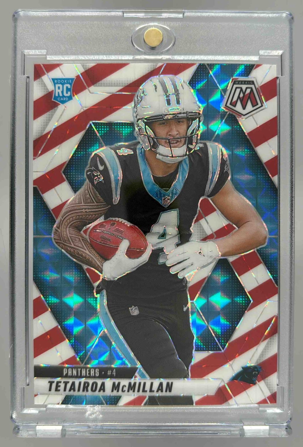 Card image for 2025 Panini Mosaic Tetairoa McMillan Rookies Red and White Stripe Prizm #309 RC Panthers