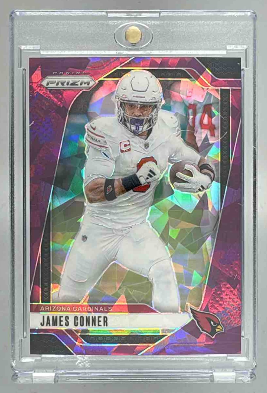 Card image for 2024 Panini Football Prizm James Conner Purple Ice /225 #2 Arizona Cardinals