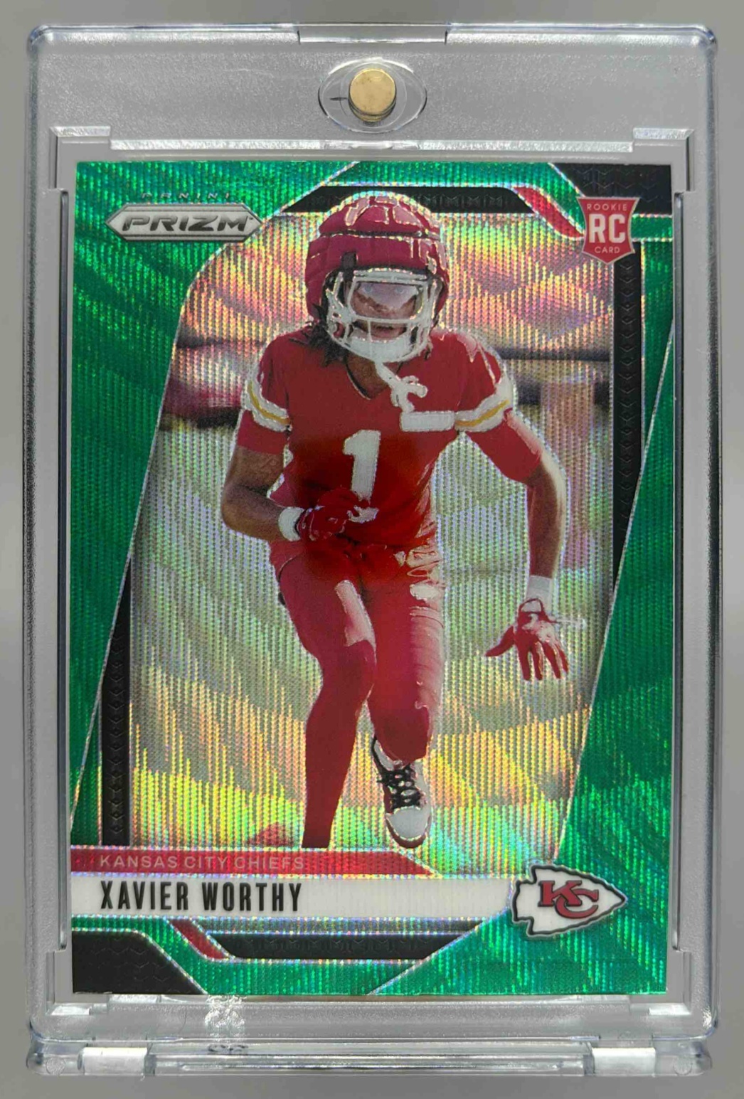 Card image for 2024 Panini Football Prizm Xavier Worthy Green Wave #399 RC Kansas City Chiefs