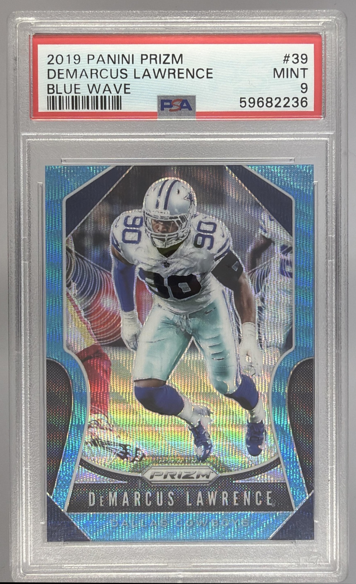 Card image for 2019 Panini Football Prizm DeMarcus Lawrence Blue Wave /199 #39 Dallas Cowboys