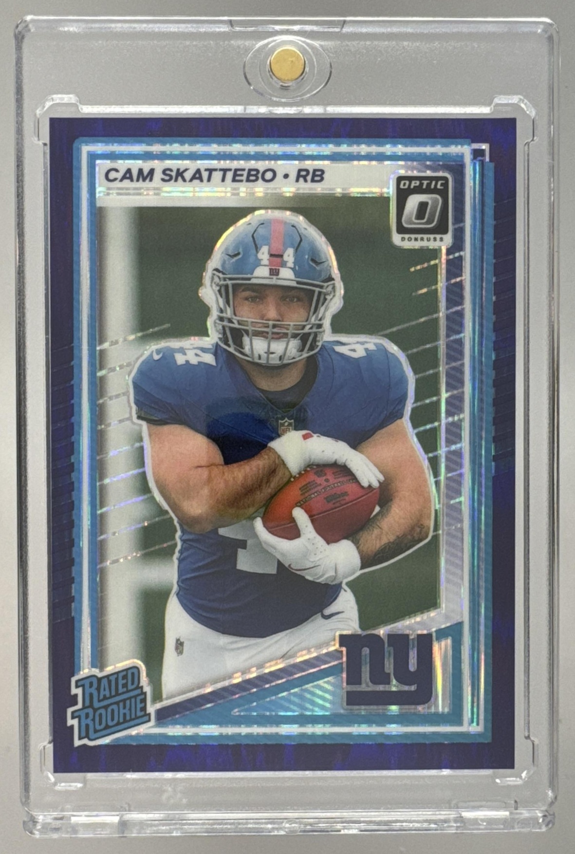 Card image for 2025 Panini Donruss Optic Cam Skattebo Rated Rookie Purple Shock Prizm #228 Giants