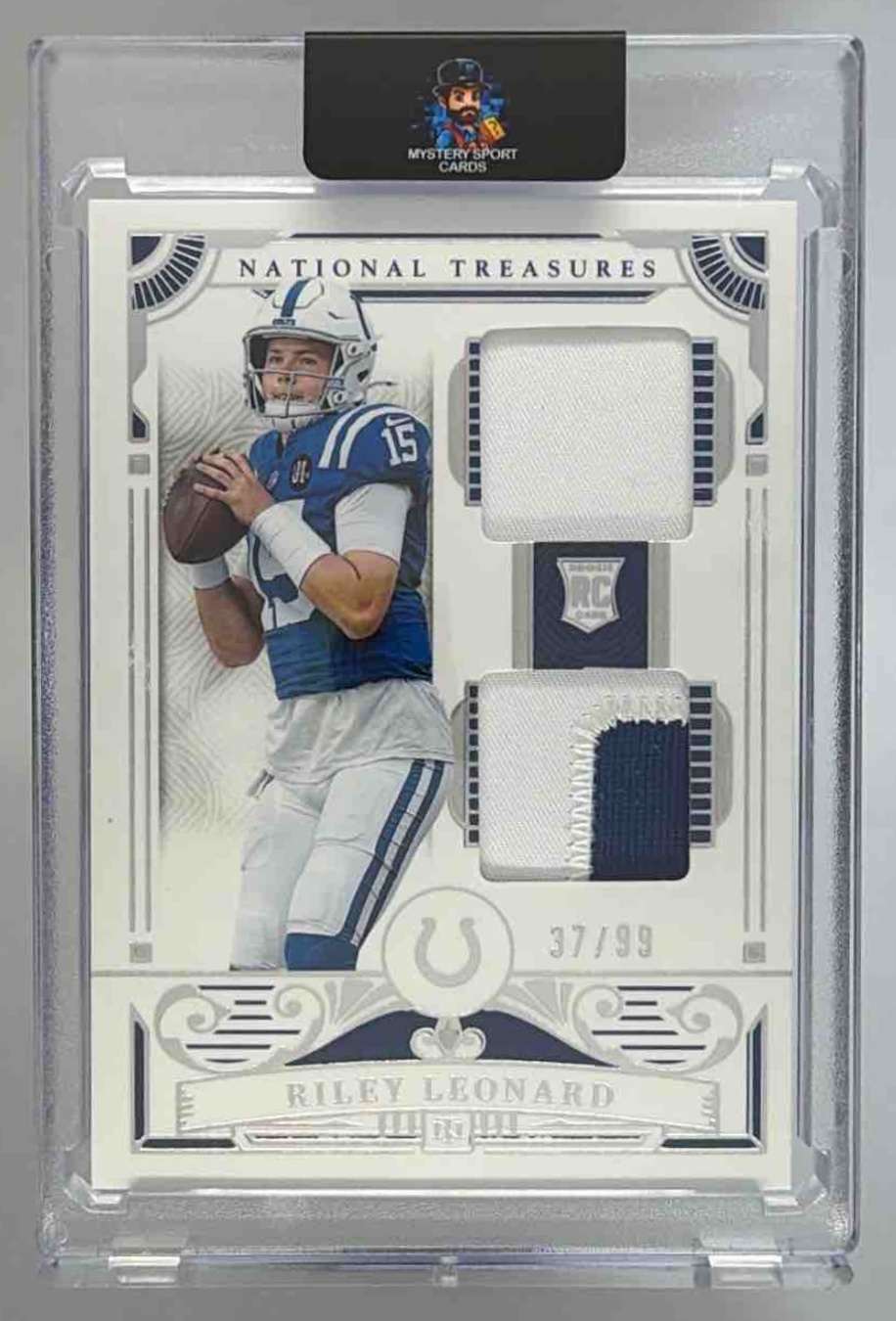 Card image for 2025 Panini National Treasures Riley Leonard Rookie Dual Materials /99 #19 MEM RC Colts