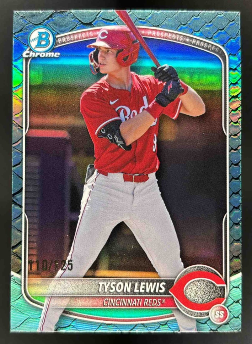 Card image for 2025 Bowman Draft Tyson Lewis Chrome Aqua Reptilian Refractor /125 #BDC-32 Reds