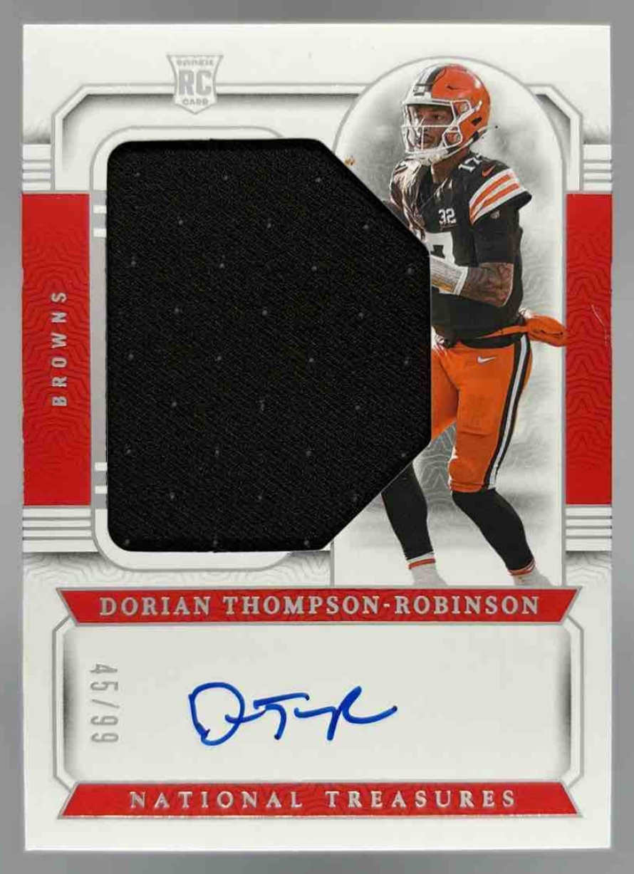 Card image for 2023 Panini National Treasures Dorian Thompson-Robinson /99 #198 Auto MEM RC Browns