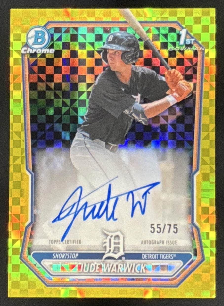 Card image for 2026 Bowman Jude Warwick Chrome Auto Yellow X-Fractor /75 1st Prospect