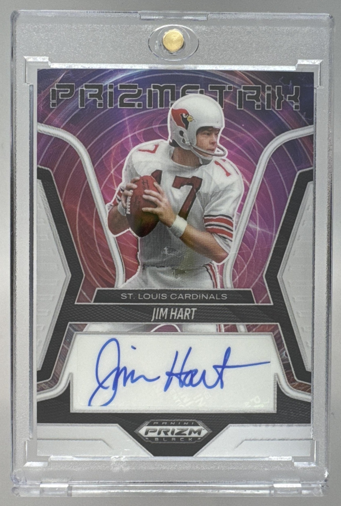 Card image for 2025 Panini Football Prizm Black Jim Hart Prizmatrix Signatures #PS-JHT Auto
