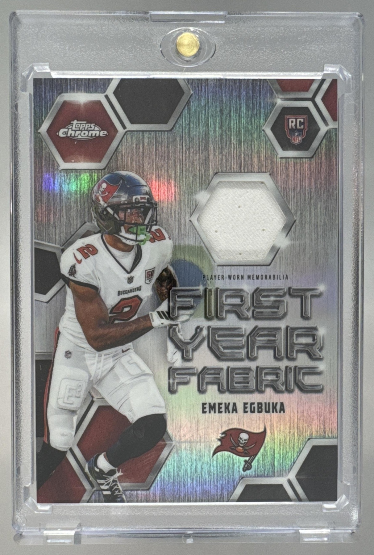 Card image for 2025 Topps Chrome Emeka Egbuka First Year Fabric #FYF-EE MEM RC Buccaneers
