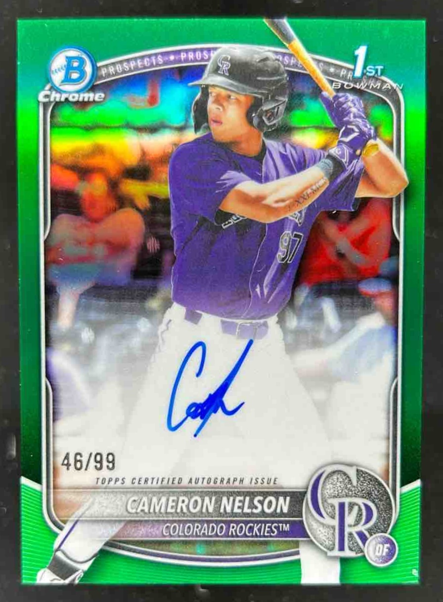 Card image for Cameron Nelson 2025 Bowman Draft Chrome Prospect Auto Green Refractor /99