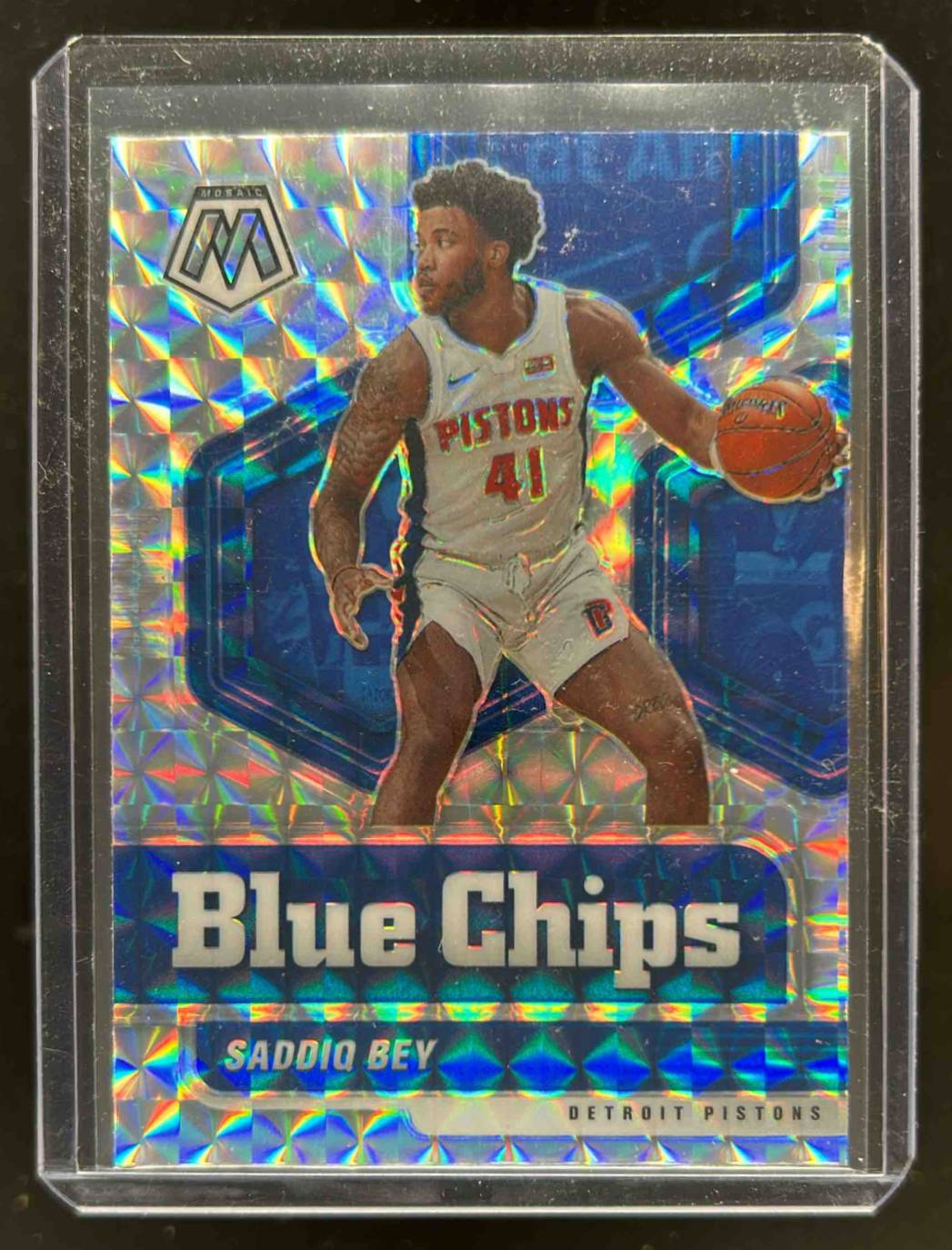 Card image for 2020-21 PANINI MOSAIC SADDIQ BEY BLUE CHIPS #4 RC ROOKIE DETROIT PISTONS