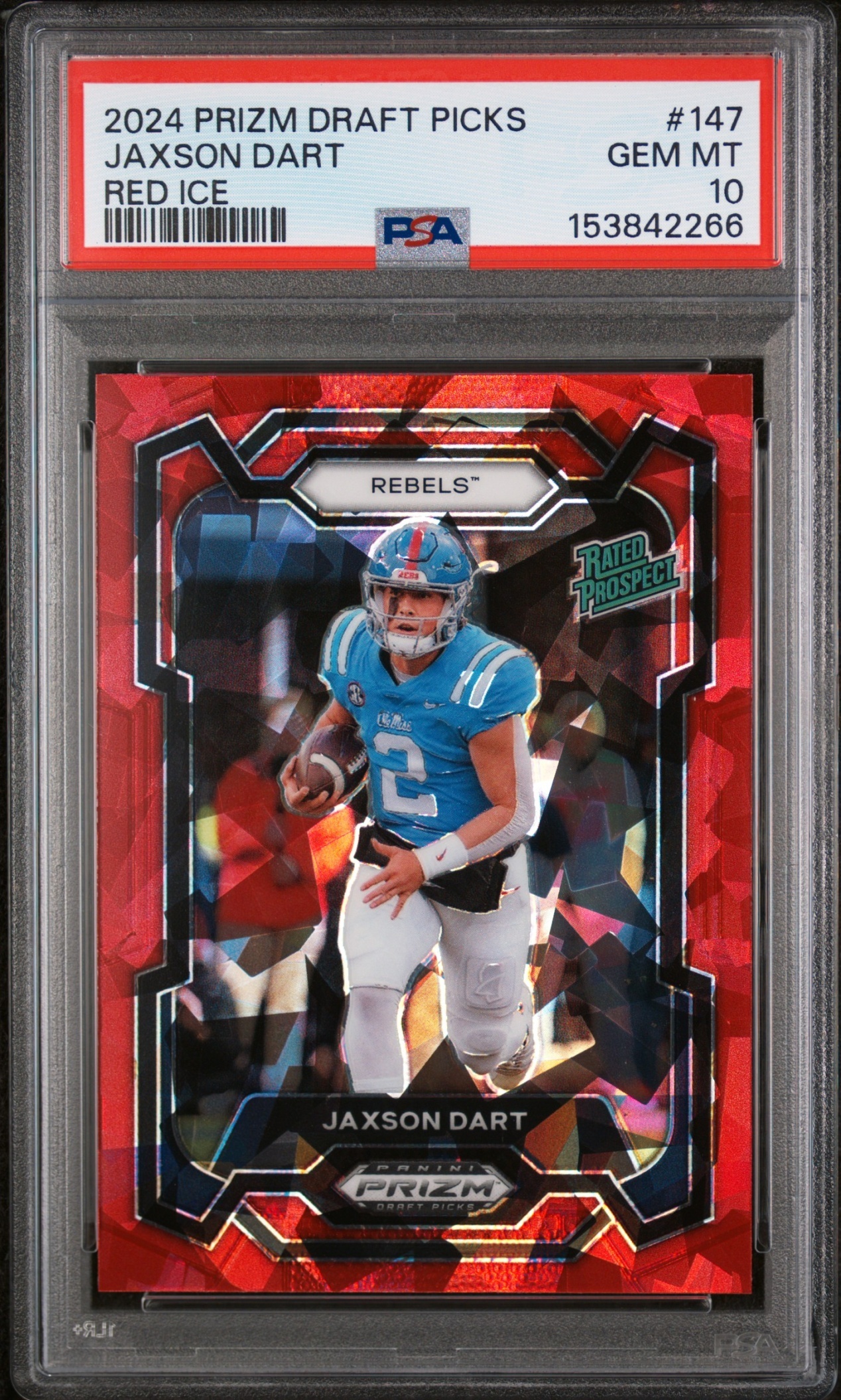 Card image for 2024 Panini Prizm Collegiate Draft Picks Jaxson Dart Red Ice #147 Rated Prospect Rebels