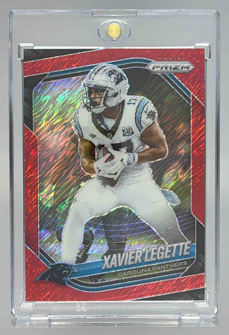 Card image for 2025 Panini Football Prizm Xavier Legette Red Shimmer /49 #118 Carolina Panthers