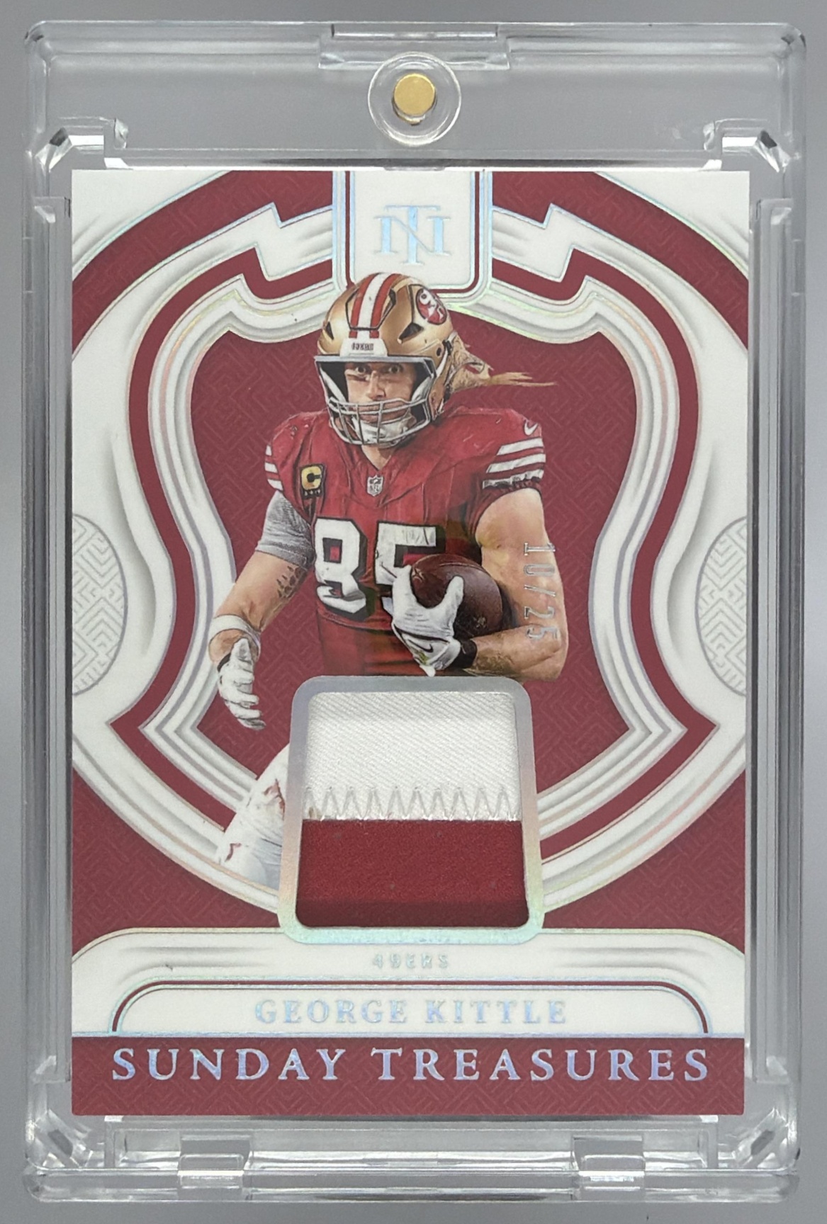 Card image for 2025 Panini National Treasures Brock Purdy Christian McCaffrey George Kittle NFL Gear Trio Materials /99 #GTM-PMK MEM 49ers