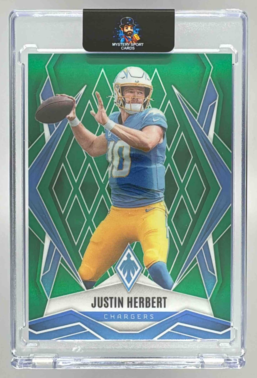 Card image for 2025 Panini Phoenix Justin Herbert Green Seismic /25 #58 Chargers