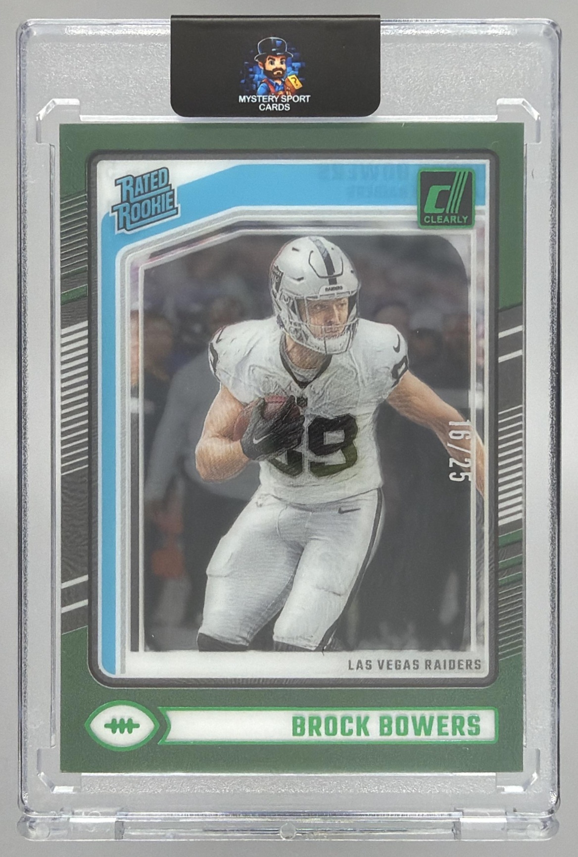 Card image for 2024 Panini Donruss Brock Bowers Optic Rated Rookie Preview Green Pandora /25 #394 Raiders