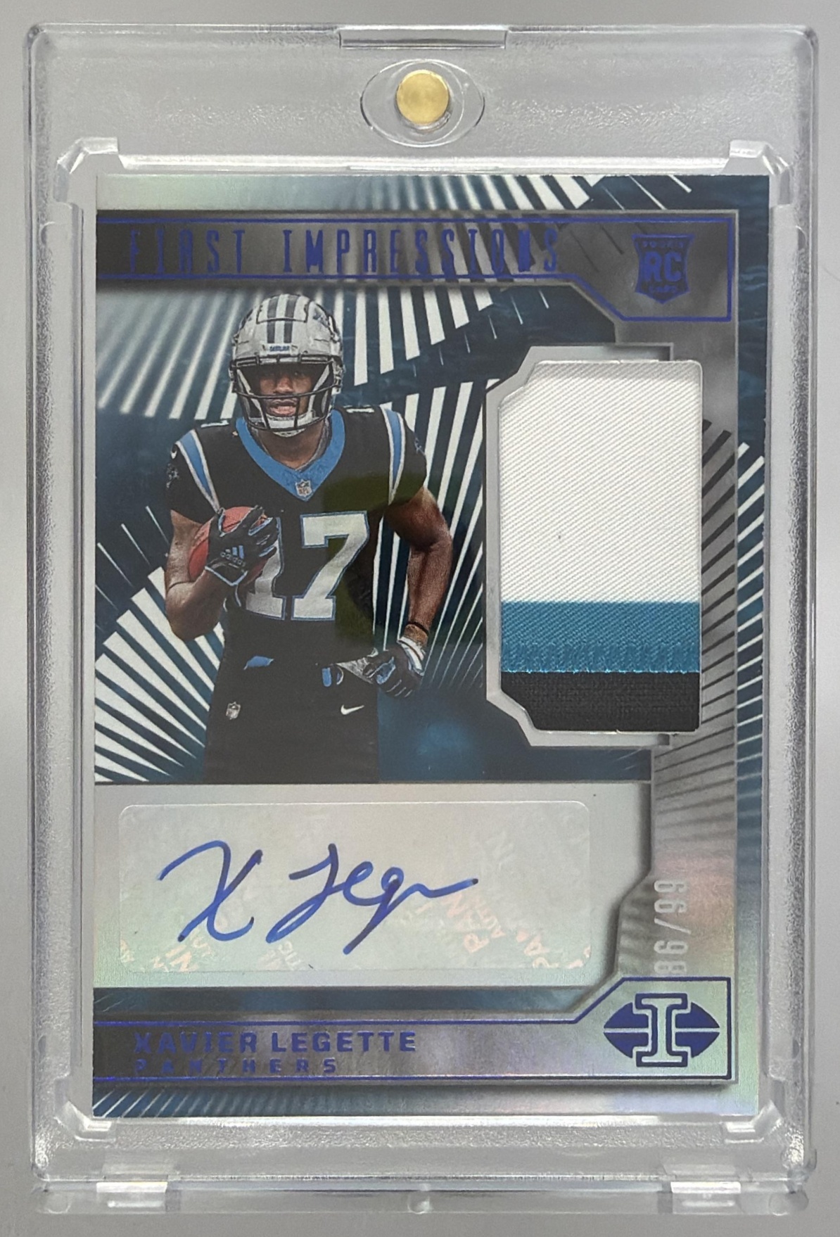 Card image for 2024 Panini Illusions Xavier Legette First Impressions Auto Memorabilia Blue /99 #110 MEM RC Panthers