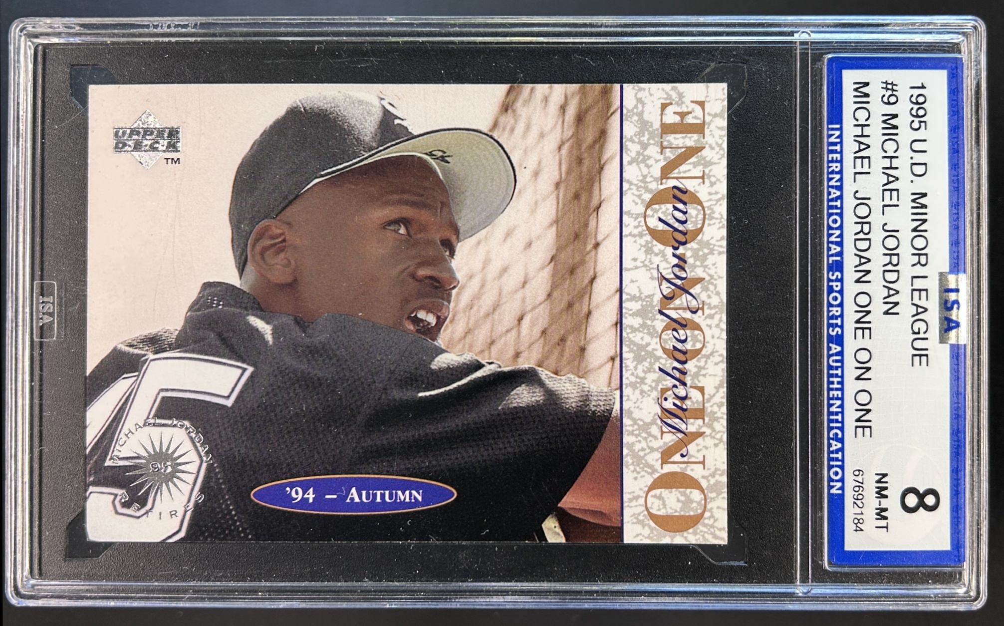 Card image for 1995 UPPER DECK MINOR LEAGUE MICHAEL JORDAN #9 ONE ON ONE ISA 8 NM/MT