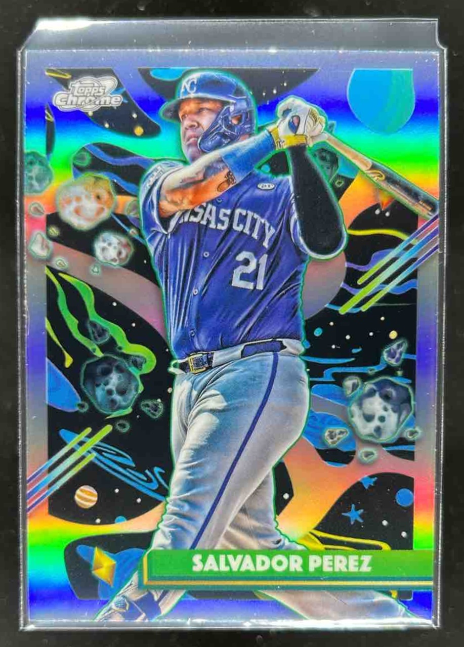 Card image for Salvador Perez 2025 Topps Baseball Cosmic Chrome Refractor Kansas City Royals