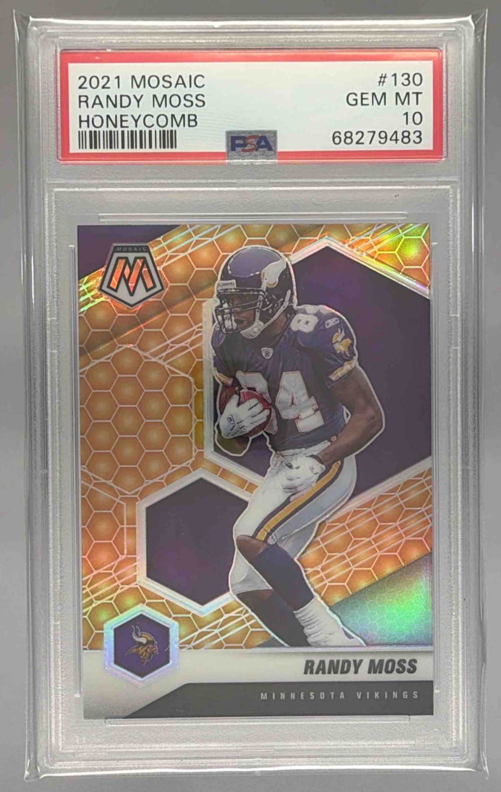 Card image for 2021 Panini Football Mosaic Randy Moss Honeycomb #130 Minnesota Vikings PSA 10
